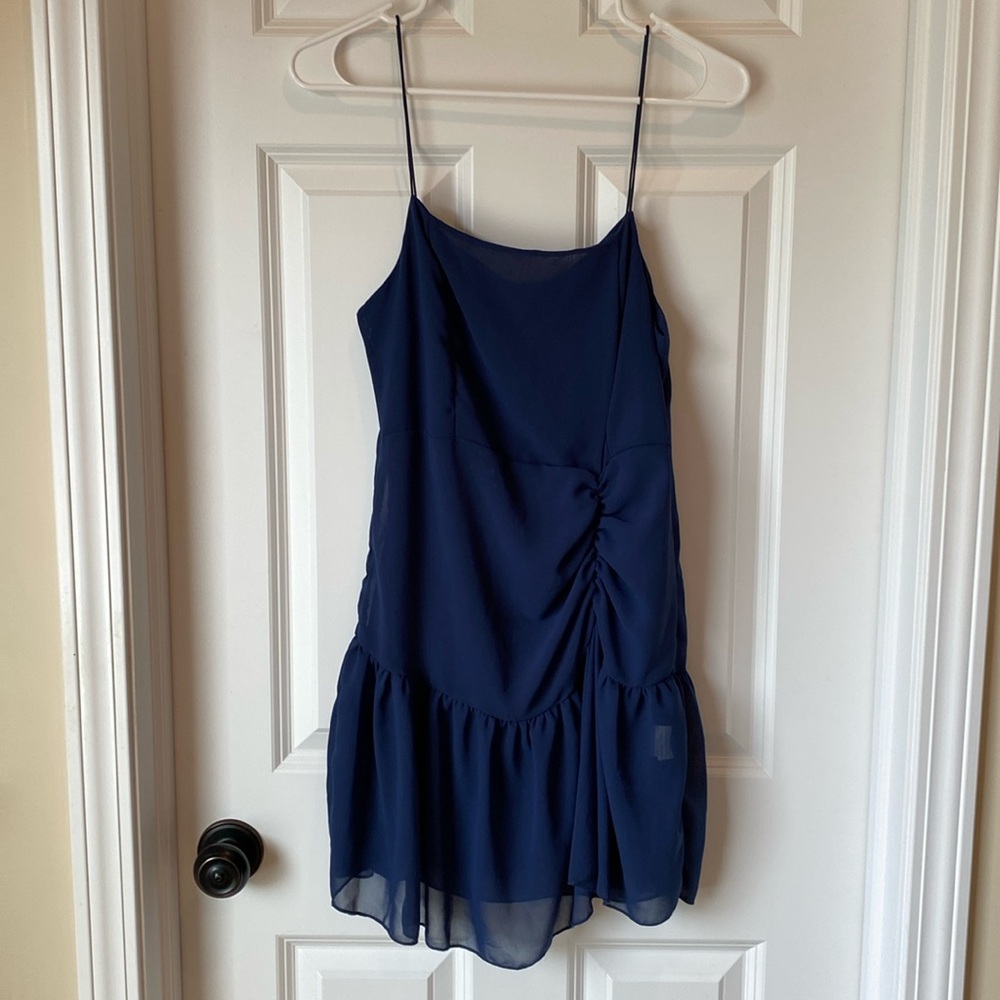 SHEIN Ruched Spaghetti Strap Ruffle Cocktail Evening Dress - Navy Blue - Medium